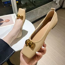 

Genuine Leather Pumps Women's 2022 Spring New Metal Clasp Chunky Heel Low-Cut Low Top Women's Shoes Slip-on Lazy Shoes
