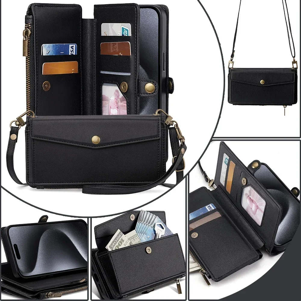 Leather Wallet Lanyard Case with Card Holder - Luxurious Phone Cover
