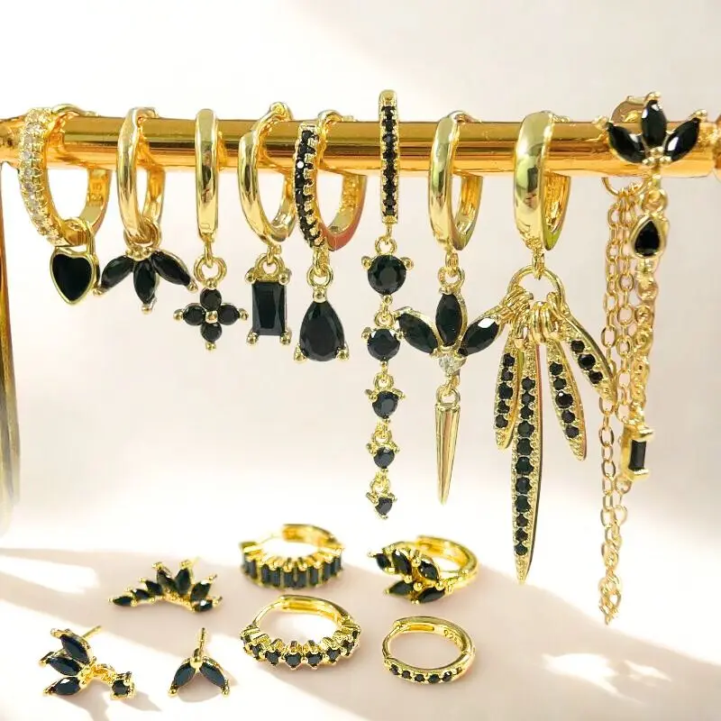  귀 버클 패션 후프 귀걸이 블랙 크리스탈 펜던트 골드 귀걸이 고품질 여성 쥬얼리 선물