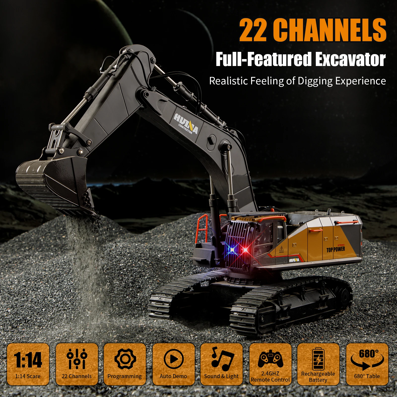 HUINA 1/14 RC Alloy Remote Control Excavator 2.4GHZ 22CH Wireless Remote Control Engineering Vehicle Model Boy Children's Toy 2