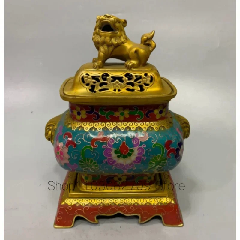 

9 Inch Exquisite Copper Cloisonne Enamel Carved Foo Dog Lion Gold Plated Large Incense Burner