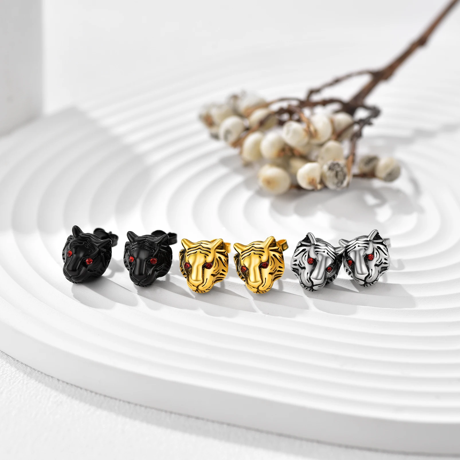 U7 Stainless Steel 3D 10mm Sphinx Cat Tiger Animal Stud Earrings