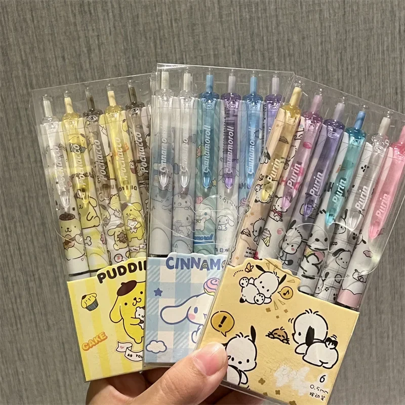 Sanrio Hello Kitty 6pcs Series Gel Pen 0.55mm Refill Y2k Cinnamoroll Kuromi MelodyCartoon Press Pen Black Stationery Supplies 3