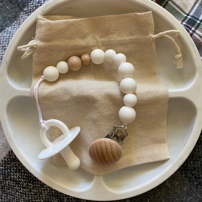 Baby Wood Beaded Pacifier Clip Silicone Chain Nipple Holder Infant Soother Teether
