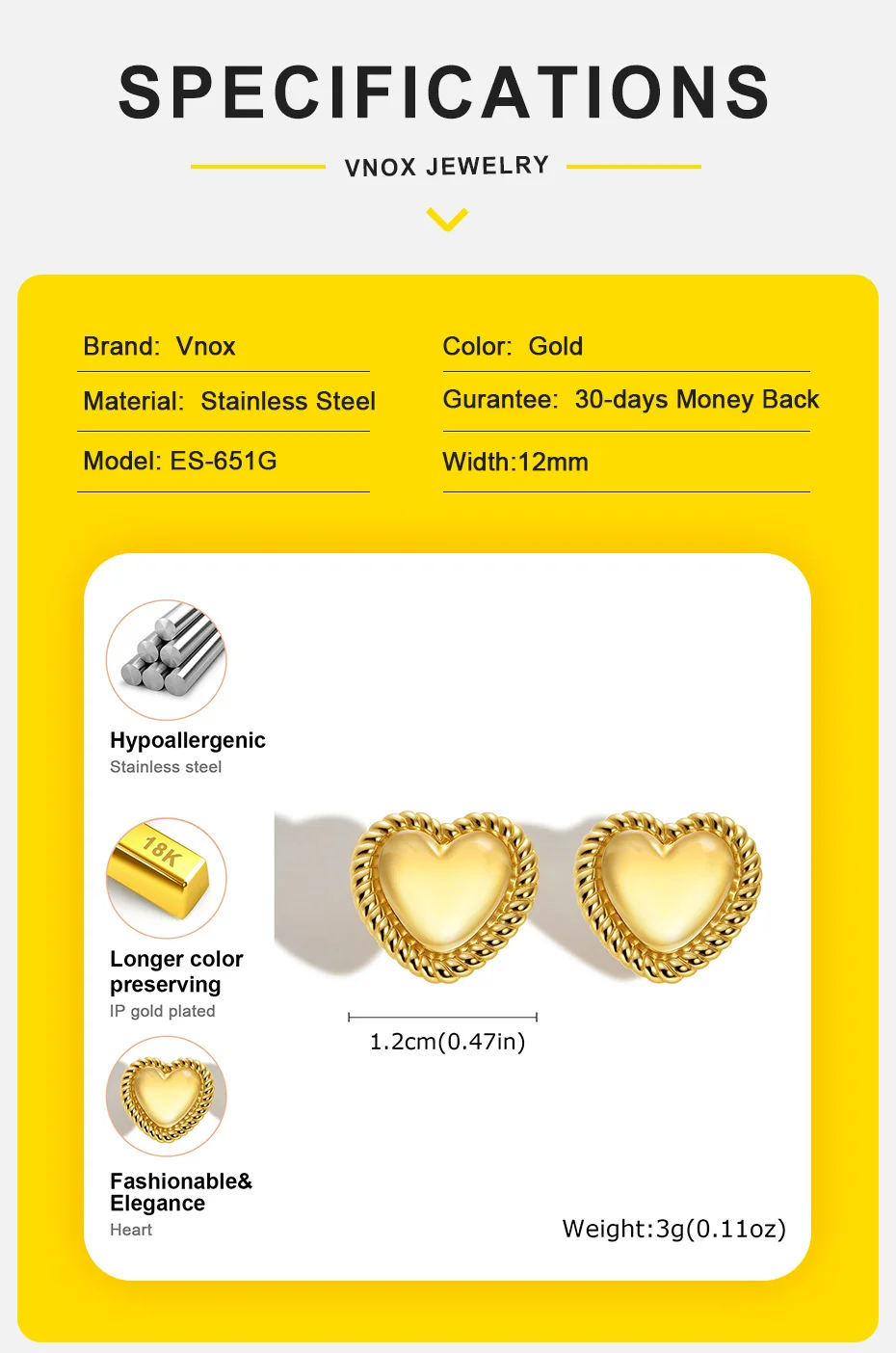 Vnox Einfacher Liebesherz-Ohrstecker, Edelstahl, kein Ausbleichen, Charm-Damenohrring, trendiger Schmuck, Valentinstags- und Muttertagsgeschenk – Detail 4