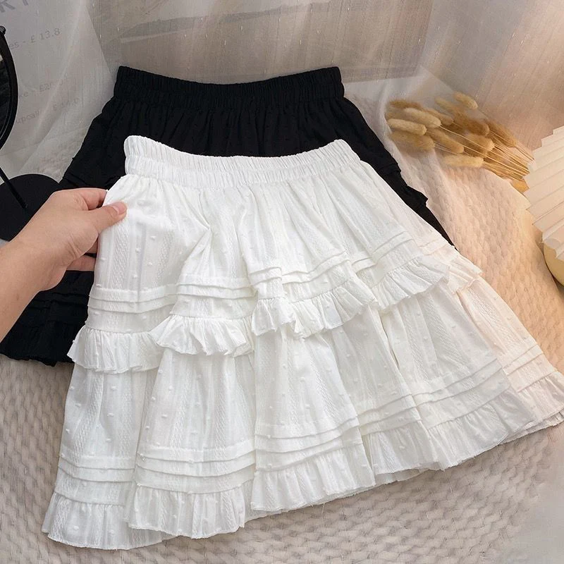 Sweet Cute Lace Mini Skirt Women White Ruffles Pleated Short