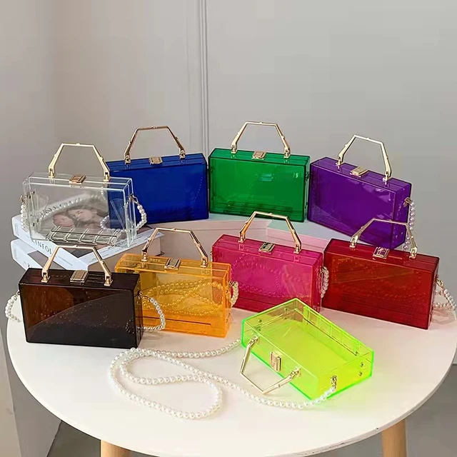 Women Box Acrylic Transparent Handbag Chain Shoulder Buckle Flap