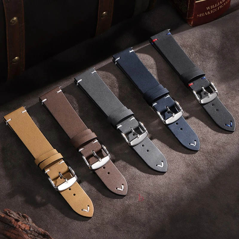 Vintage Cowhide Leather Quick Release Watch Strap with Stitching Details