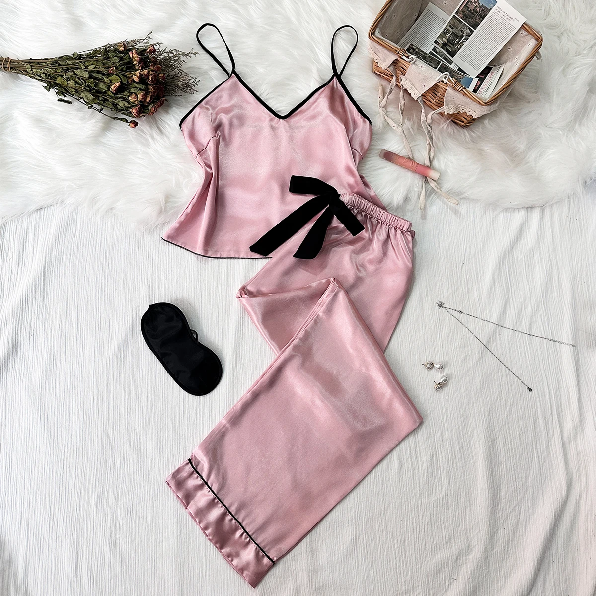 New Satin Ice Silk Women's Pajamas Two-piece Set Breathable Sexy Satin Sleeveless Top Long Pants Women's Pajamas