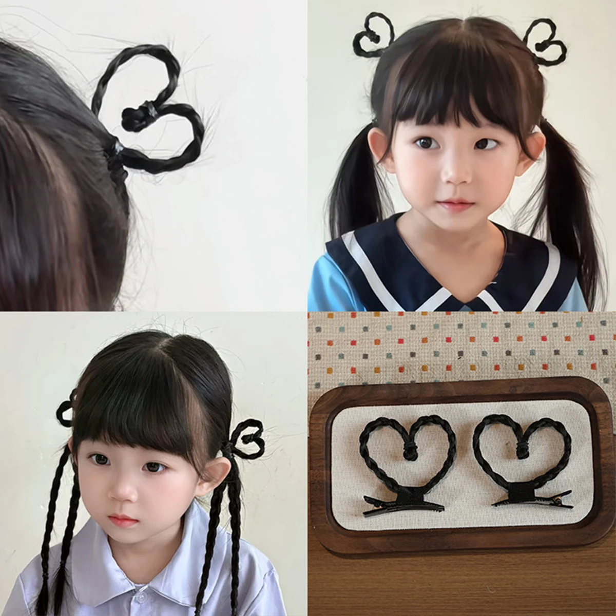 1Pcs 브레이드 하트 모양의 헤어 번즈 합성 블랙 가발 헤어 클립 어린이를위한 매일 사용 어린이 헤어 피스 매일 착용