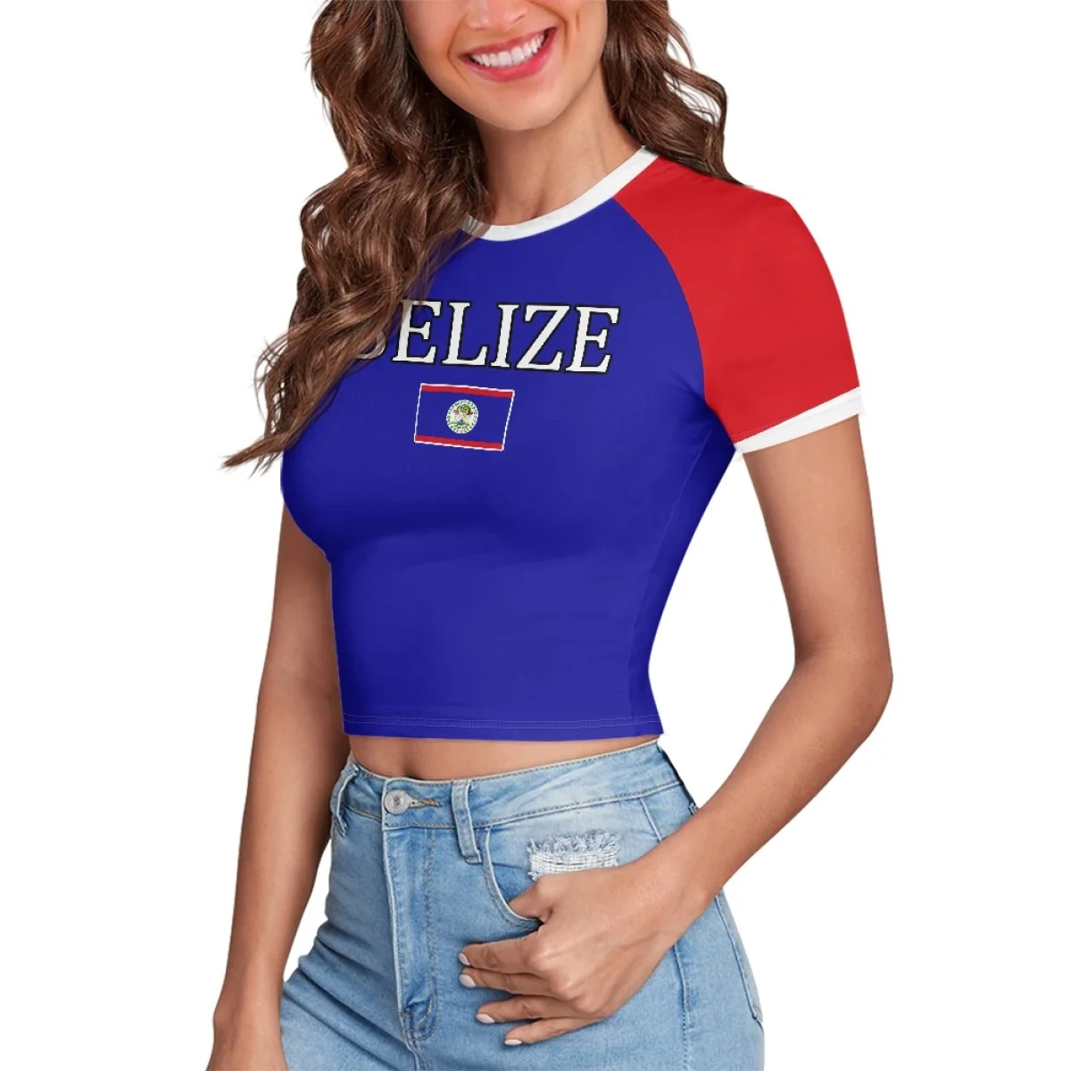 Y2K Crew Neck Ladies Caribbean T Shirts Crop Top Patriotic Fashion Cropped TShirt Tops Custom Belize Flag Color Letters Tee 3