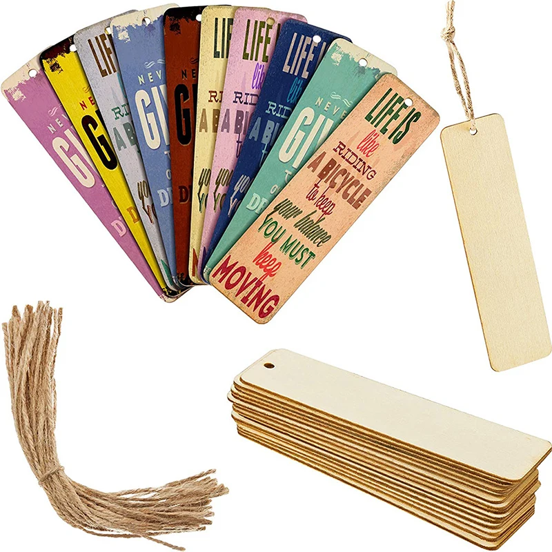 Wood Bookmark Bulk Blank Bookmarks with Ropes Wooden Book Markers Rectangle  Thin Hanging Tag with Holes for DIY 