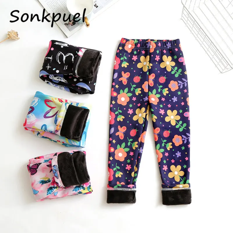 Autumn Winter Kids Pants Sweet Girls Plus Velvet Leggings Baby Thick Warm Trousers Children Clothing Infant Slim Pants Clothes