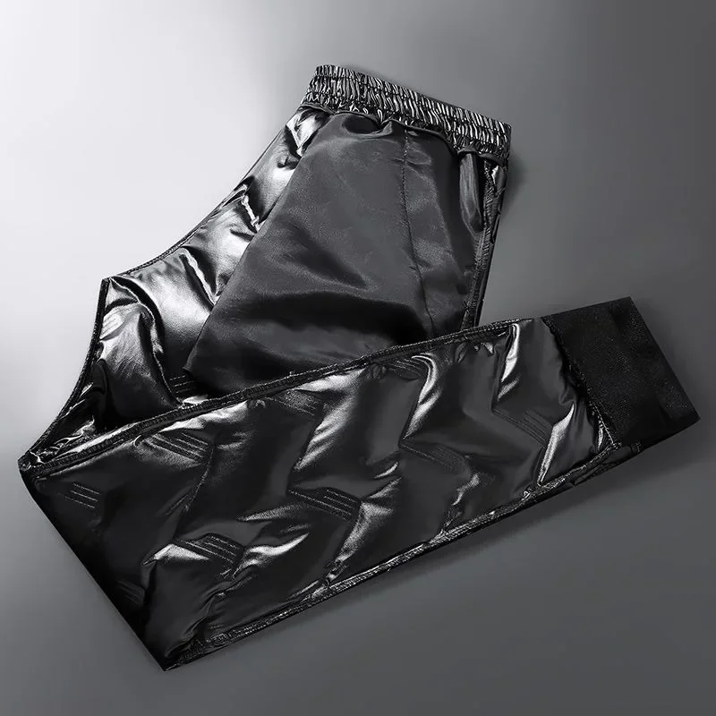 Men Winter Down Cotton Pant Skinny Casual Trousers Slim Bright Leather Outdoor Windproof Waterproof Thick Warm Male Pants men trousers,leather pants,skinny pants,cotton trousers