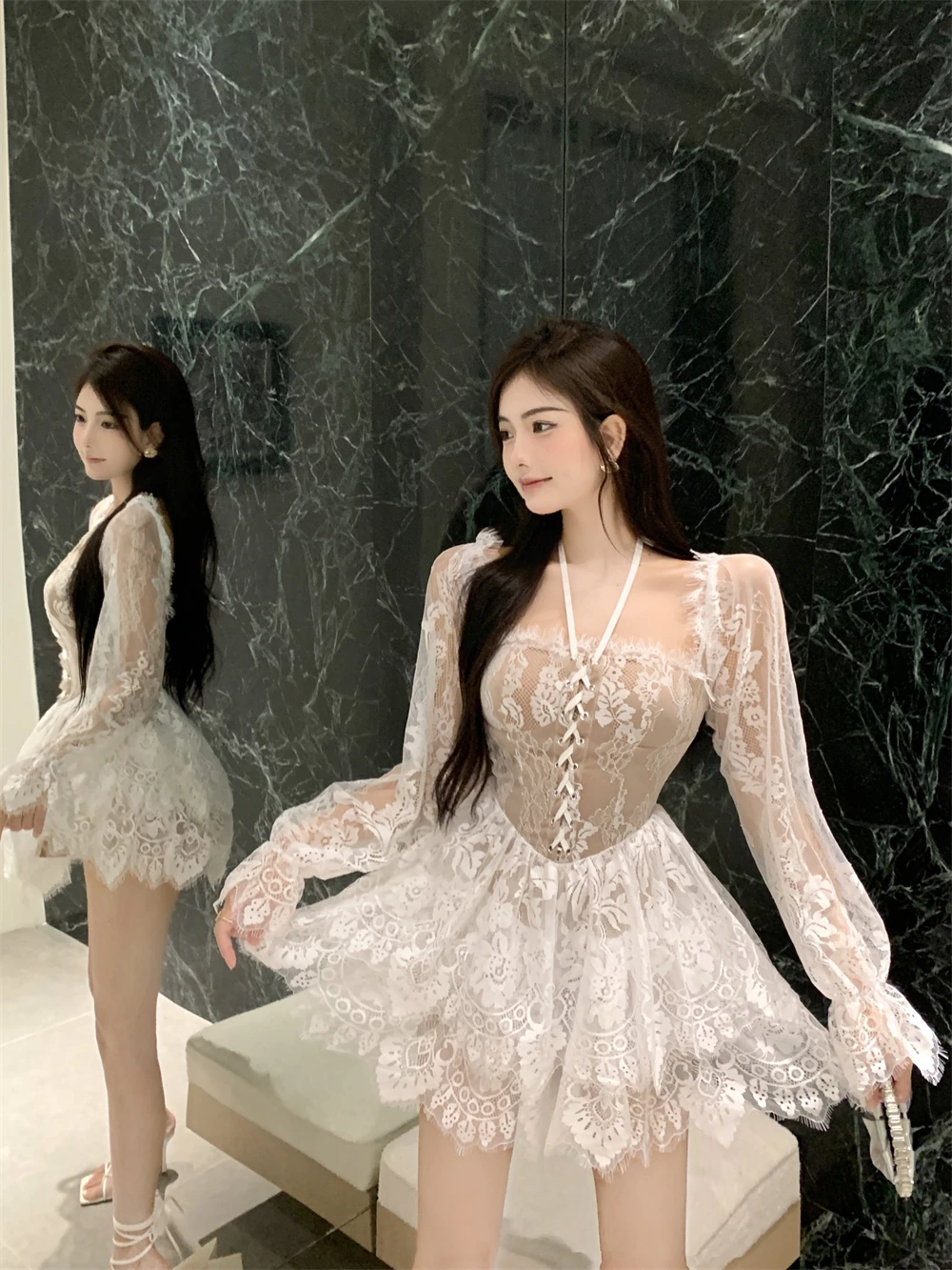 

2023 New French Style Women Lace Bandage Dress Women Sexy Off Shoulder Long Sleeve Halter Neck Slim Mini Dress Party Cake