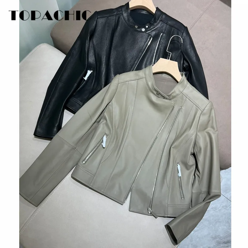 

9.1 TOPACHIC Women's Fashion Classic Genuine Leather Stand Collar Skew Zipper Sheepskin Short Jacket Coat