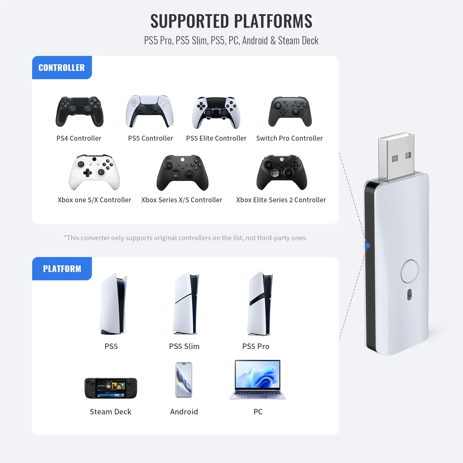 JYS-P5119 Wired Wireless Bluetooth Handle Converter for PS5/Slim/PRO PS4 Switch PC P3 Host Gamepad Adapter for XBOX Steam Deck