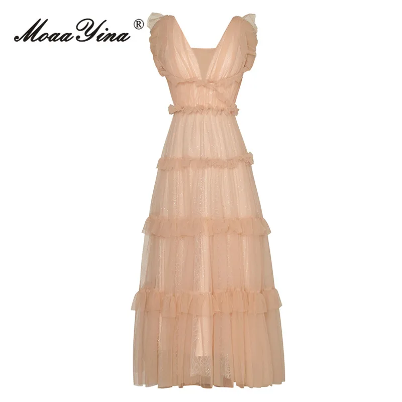 

MoaaYina Fashion Designer dress Summer Women Dress V-Neck High Waist Butterfly Sleeve Solid Color Cascading Flounces Dresses