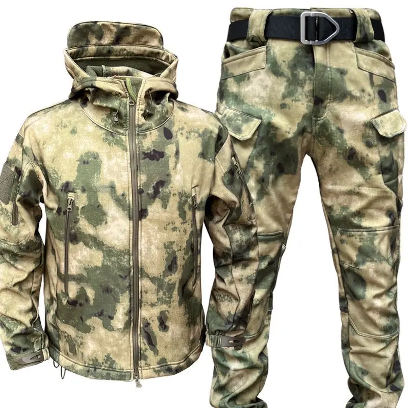 Spring Autumn New Soft Shell Short Loose Storm Jacket Set Male Army Fan Windproof Breathable Velvet Mountaineering Jacket