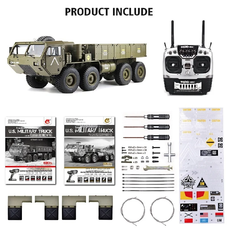 1: 12 HG-P801 Remote Control Heavy Truck RC CAR Fully Proportional 8-Wheel Military Truck Sound and Light 16 Channels 4