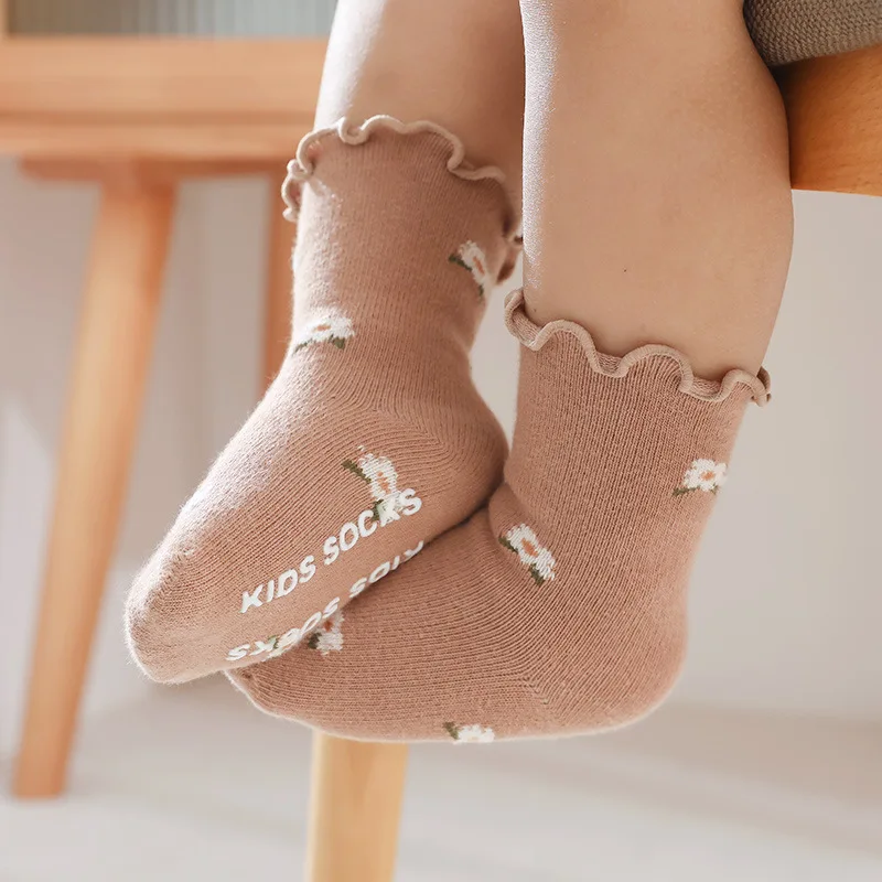 Soft Breathable Toddlers Girls Frilly Socks Cotton Baby Ankle Sock Vintage Floral Pattern Children School Sock Infant Floor Sock