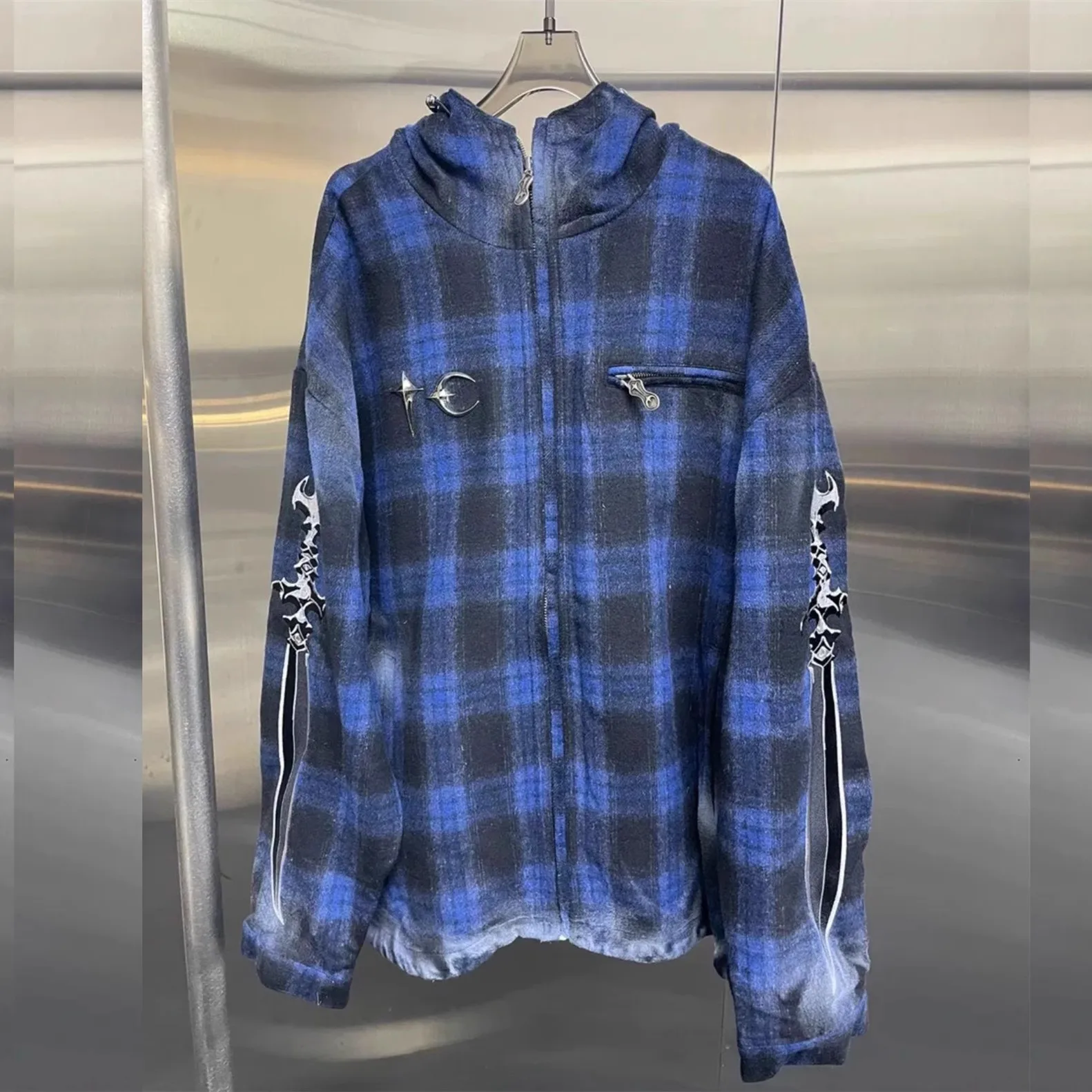 2025 Thug Club blue checkered embroidered hooded painted zipper jacket WY1103 2