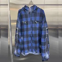 2025 Thug Club blue checkered embroidered hooded painted zipper jacket WY1103 2