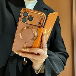 Luxury Personalized Faux Leather Flip Card Case with Magnetic Closure - iPhone 17 (Orange)