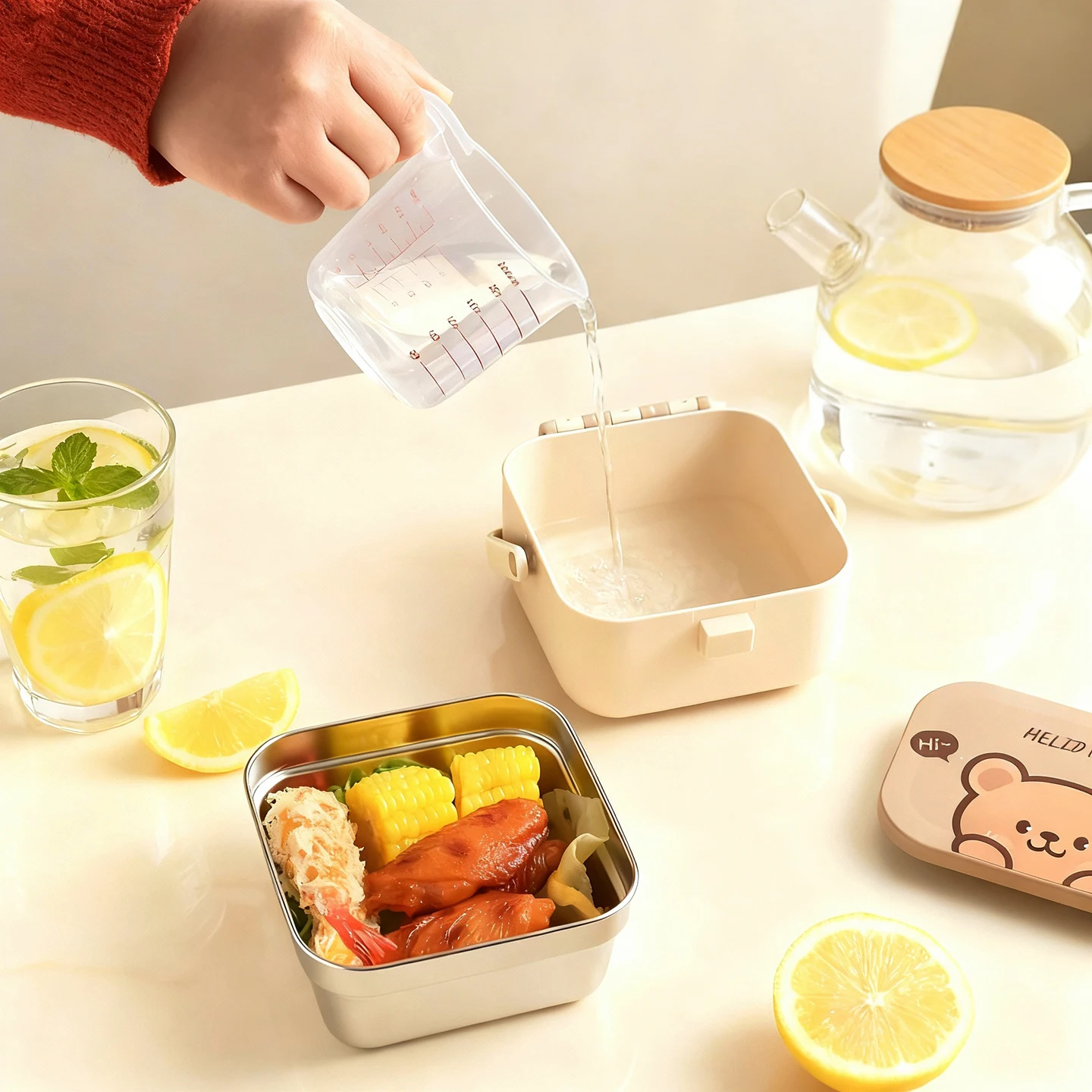 800ML 휴대용 304 스테인리스 스틸 사각 도시락통 수저세트 포함 귀여운 학생용 어린이용 밀폐형 식품 용기 전자레인지 사용 가능
