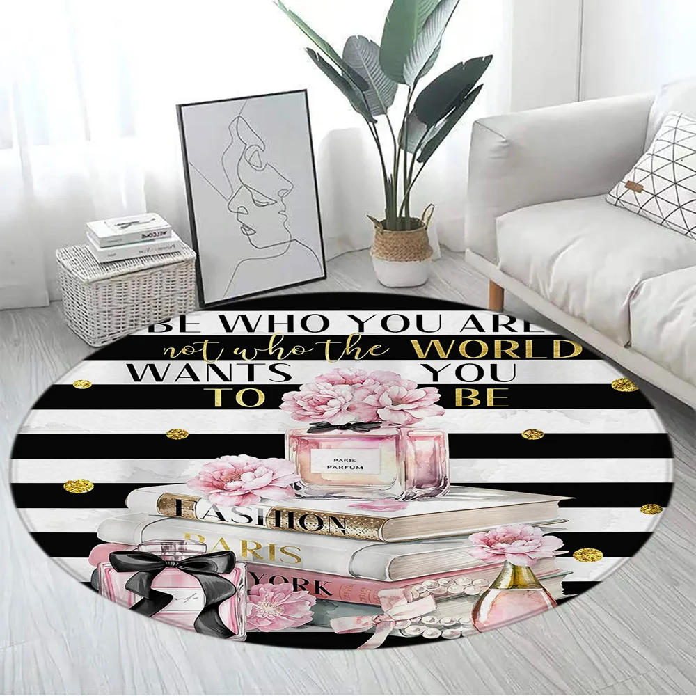 

Pink Floral Perfume Round Carpet Fashion Magazine Black and White Stripe Home Rugs Living Room Decor Girls Bedroom Rug Floor Mat