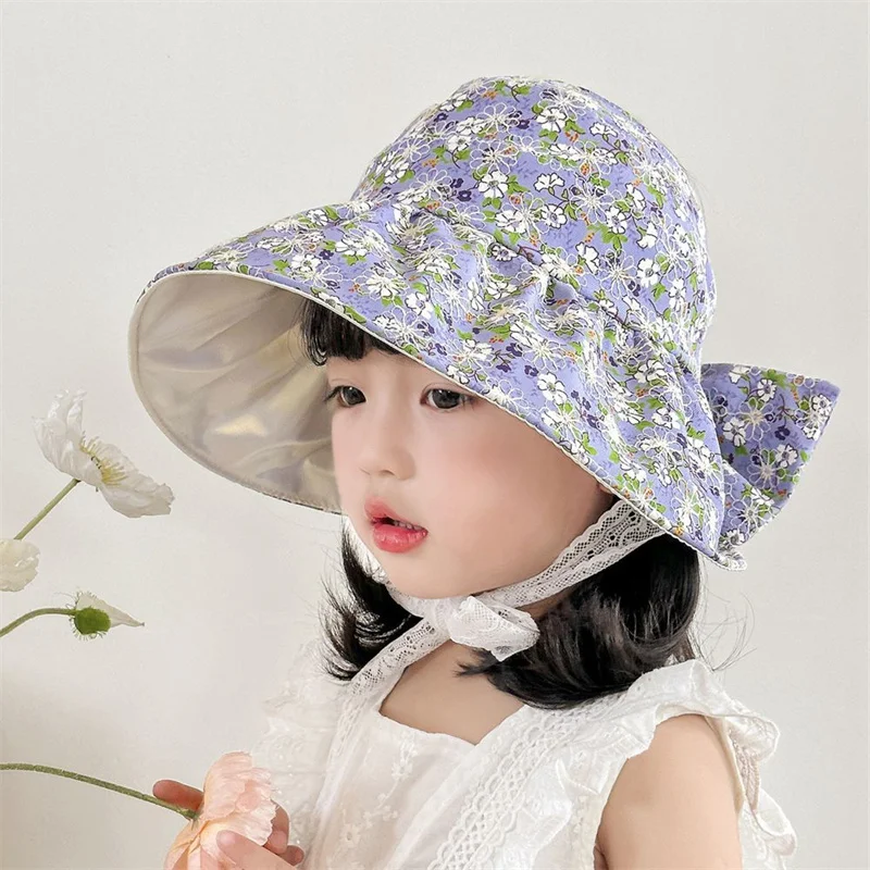

2024 New Baby Sun Hat for Kids UV Protection Floral Print Children's Fisherman Hat Big Bow Empty Top Gorras Spring Summer Cap