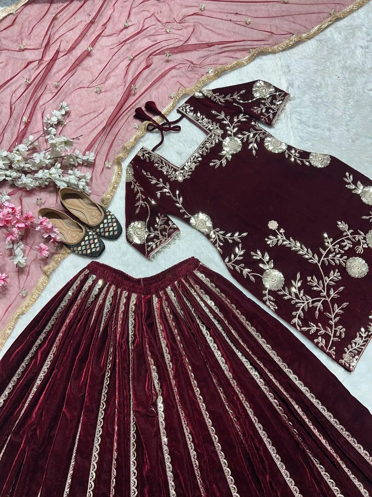 Velvet Salwar Kameez ReadyMade Pakistani Embroidery Dress Butterfly Net Dupatta