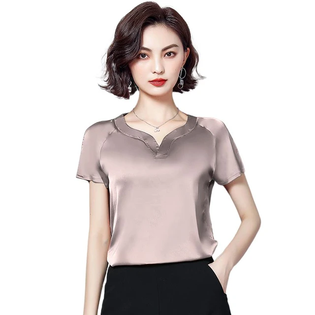 2024 Summer artificial silk Shirt Fashion short Sleeve Satin Women's tops  Vintage Street chiffon Shirts Elegant Blouses - AliExpress