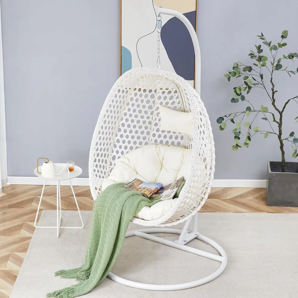 Oversized Rattan Hanging Egg Chair with Stand, Thick Cushion and Frame Outdoor Rocker, for Indoor Outdoor. Comfy Egg Swing Chair 6
