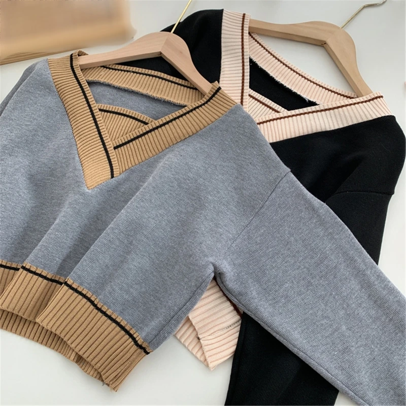 

Women Long Sleeve V-Neck Knit Sweater Crop Top Colorblock Rib Trim Jumper 10CF