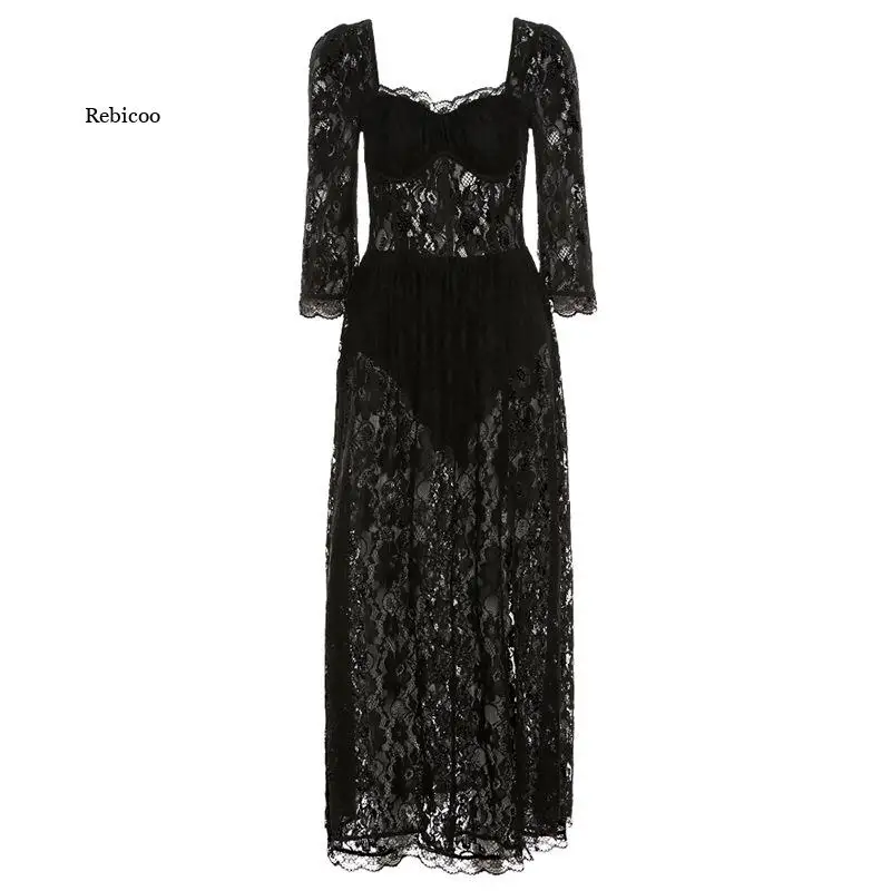 

2022 Y2K Sexy Party Vacation Beach Lace Long Dress Fashion Black Women's Spring Quarter Sleeve Mid-Calf Dresses Clubwear