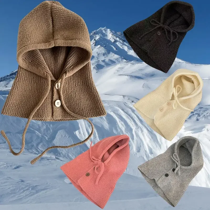 Winter Knitted Hooded Scarf Hat Women Warm Ear Protection Cap Outdoor Cycling Cold-Proof Integrated Neck Warmer Fashion Hat