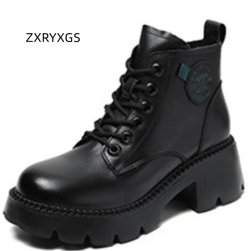 

ZXRYXGS Premium Cowhide Leather Boots British Autumn Winter Trend Roman Boots Platform Non-slip Light Heighten Shoes Woman Boot