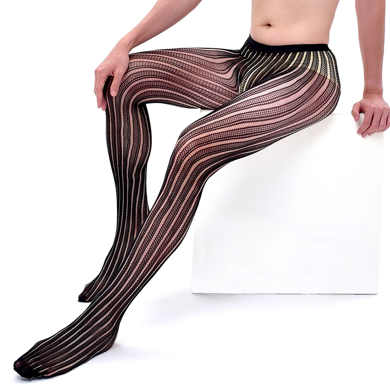 Sexy Mesh Lace One-Piece Stockings Womens Mens Ultra Thin Fishnet Sheer Striped Bodysuit Stockings Exotic Sissy Gay Leggings