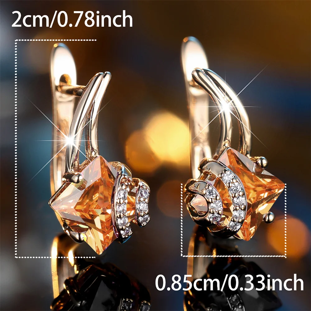 Geometric Champagne Crystal Square Stone Hoop Earrings For Women Vintage Gold Color Ear Buckle Wedding Jewelry Engagement Gifts