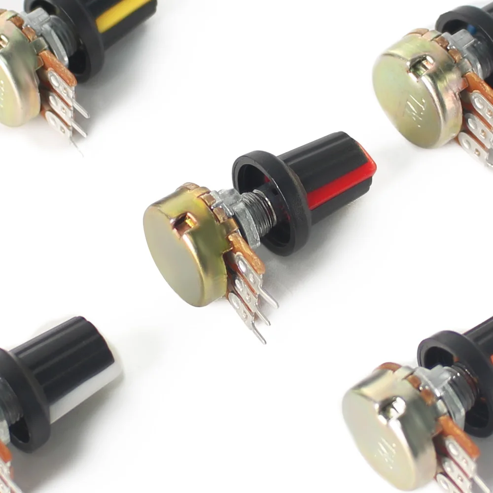 WH148 Linear Rotary Potentiometer B1K B2K B5K B10K B20K B50K B100K B250K B500K B1M 3Pin 15mm Shaft with Red AG2 Knobs 5Set
