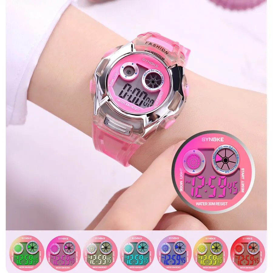 SYNOKE Student Electronic Watch Waterproof Sports Children Watch Glow Multi Function Digital Seven Colors Light Gift electronic watch