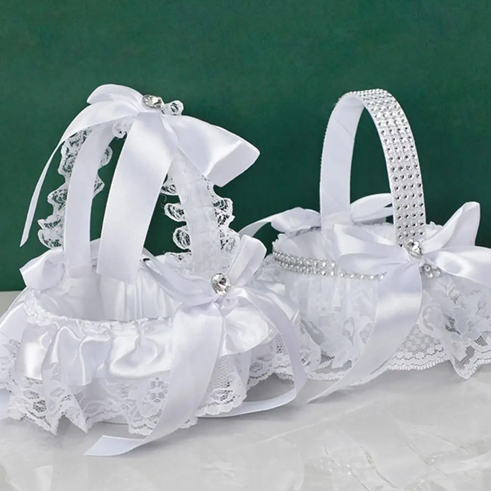 Zeremonie Strass Home Decor Spitze Perle Hochzeit Blumenkorb Blumenmädchen Korb Romantisch Weiß – Detail 5