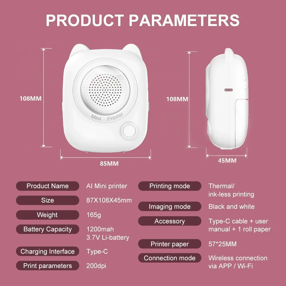 78mm 2인치 AI 스마트 음성 인쇄기 미니 사진 생성 디지털 디스플레이 프린터 (어린이용, 안드로이드/iOS 지원)