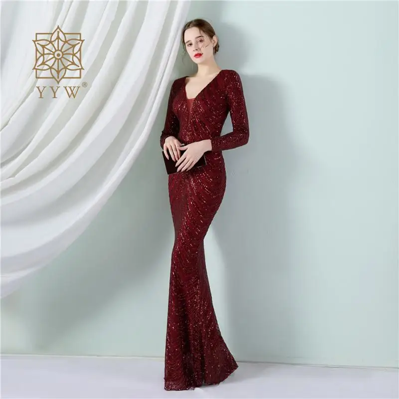 

Christmas Party Dresses Sequin Women Long Sleeves Burgundy Red Elegant Dresses For New Year Mermaid Stripes Floor Evening Dress
