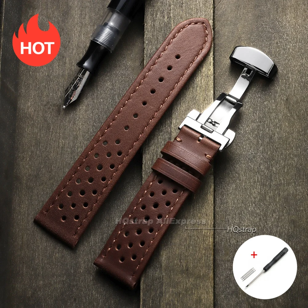 Breathable Leather Watch Strap with Quick Release and Butterfly Buckle