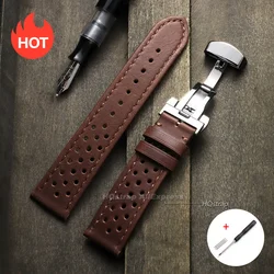 Breathable Leather Watch Strap with Quick Release and Butterfly Buckle - 22mm (Oil Deep Brown)