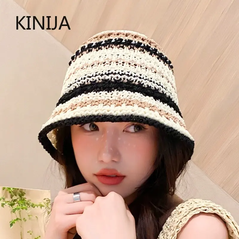 Ladies Rainbow Striped Hand Crochet Bucket Hat Straw Hand Summer UV Protection Beach Foldable Sun Hat Fashion Bucket Beach Hat