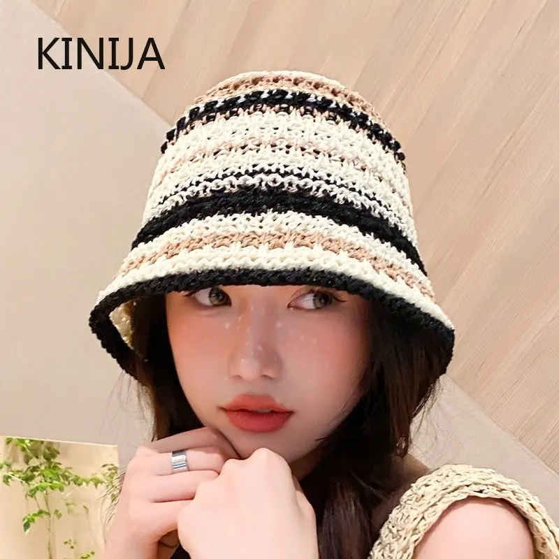 Ladies Rainbow Striped Hand Crochet Bucket Hat Straw Hand Summer UV Protection Beach Foldable Sun Hat Fashion Bucket Beach Hat 1