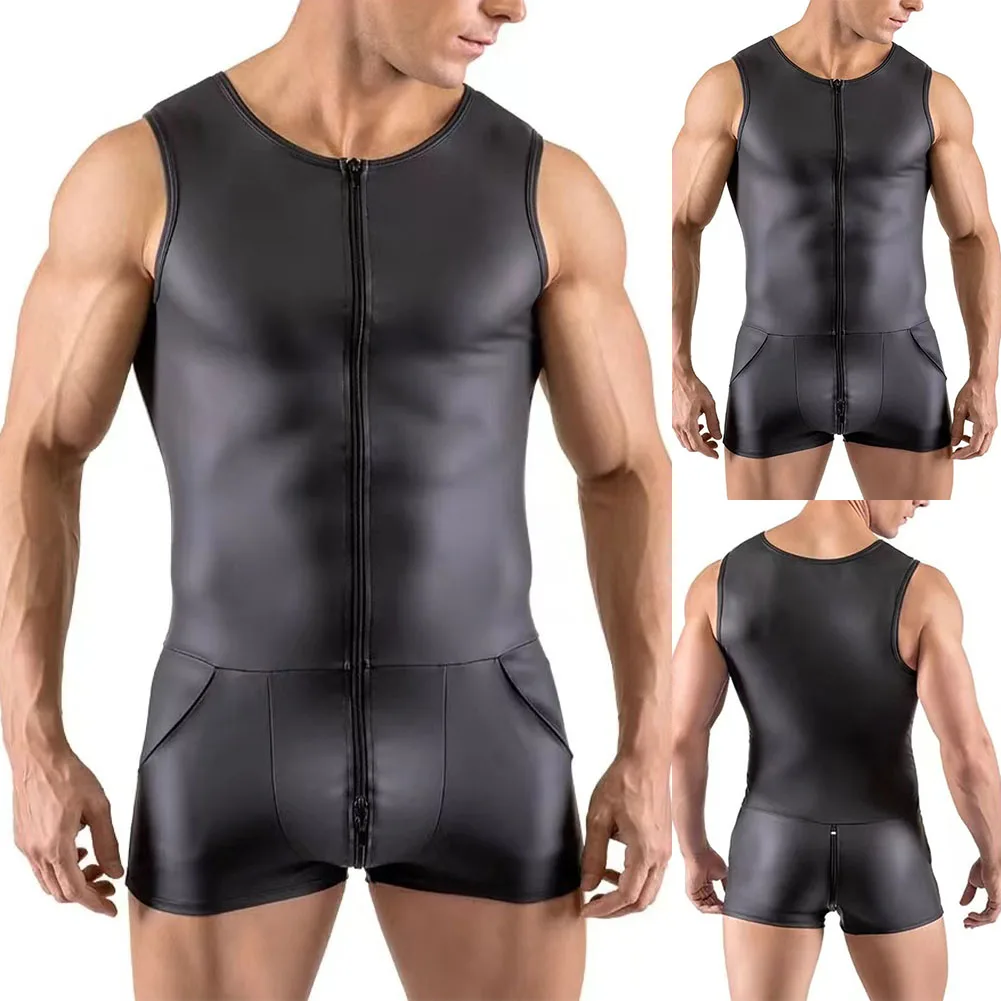 Men Sexy Wet Look Patent Leather Bodysuit Sleeveless Jumpsuit Tight Fitness Thong Zip-up Open Crotch Leotard Erotic Clubwear